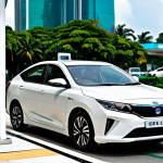 **

A sleek, modern Geely Emgrand EV parked in front of a Petronas charging station. The car is plugged in, showcasing the fast-charging capability. Focus on the car's aerodynamic design and LED headlights. The background should include other cars and people casually walking by, implying a busy city environment in Kuala Lumpur.

**