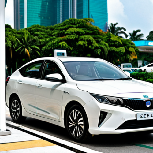 Home 4 **
A sleek, modern Geely Emgrand EV parked in front of a Petronas charging station. The car is plugged in, showcasing the fast-charging capability. Focus on the car's aerodynamic design and LED headlights. The background should include other cars and people casually walking by, implying a busy city environment in Kuala Lumpur.
**
