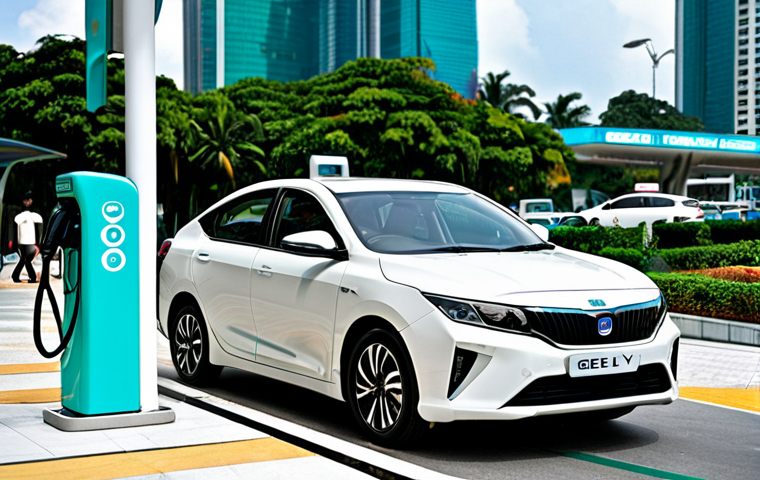 **
A sleek, modern Geely Emgrand EV parked in front of a Petronas charging station. The car is plugged in, showcasing the fast-charging capability. Focus on the car's aerodynamic design and LED headlights. The background should include other cars and people casually walking by, implying a busy city environment in Kuala Lumpur.
**