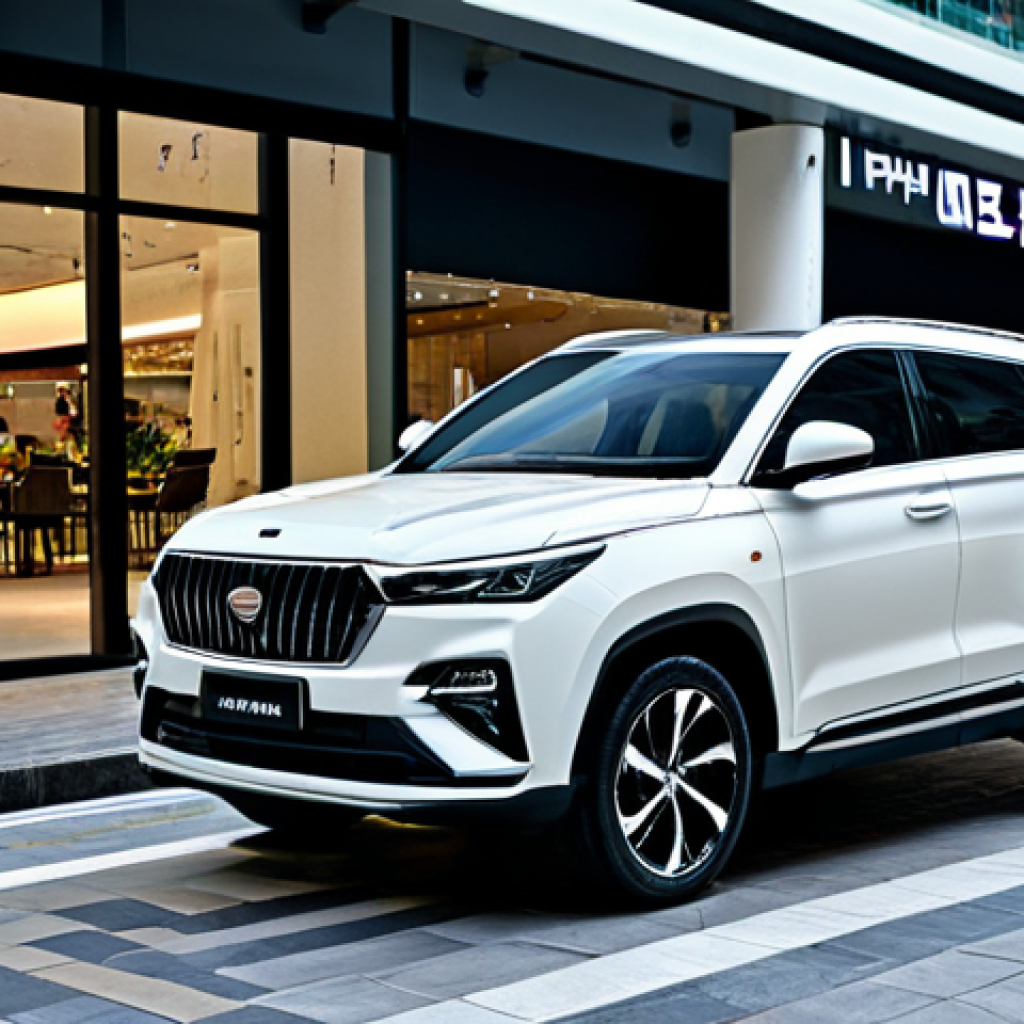 Geely Xingyue - Luxurious Coupe SUV**

"A Geely Xingyue parked in front of a upscale shopping mall in Kuala Lumpur. The car is fully clothed in a pearlescent white paint job, showcasing its sleek coupe design and stylish LED headlights. The background features blurred pedestrians in modest clothing and high-end storefronts. Professional car photography, perfect anatomy, correct proportions, safe for work, appropriate content, fully clothed, professional."

**