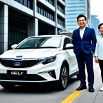 지리 에멀그란드 EV와 볼보 XC40 리차지 비교 - "A professional Malaysian family standing proudly next to a Geely Emgrand EV in a modern urban setti...