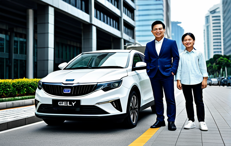 지리 에멀그란드 EV와 볼보 XC40 리차지 비교 - "A professional Malaysian family standing proudly next to a Geely Emgrand EV in a modern urban setti...